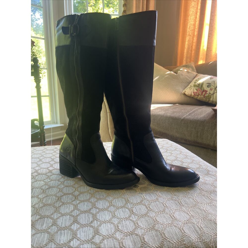 Born Knee High Riding Boots Black Leather & Suede Double Zip Buckle Moto 6.5M